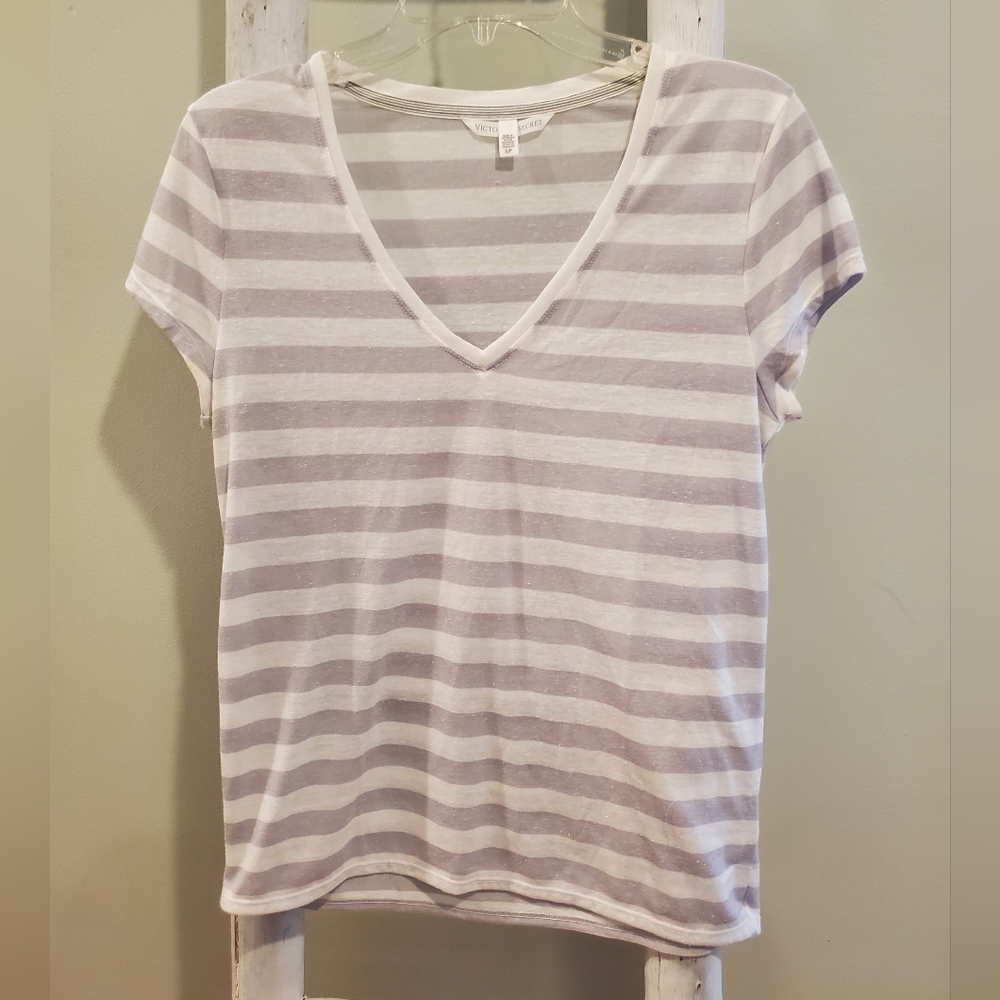 Victoria's Secret shirt top in white and Greyish horizontal stripe. Small